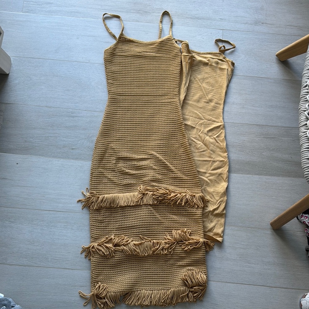 SANDRO Tan Embellished Ruffled Knee-Length Dress